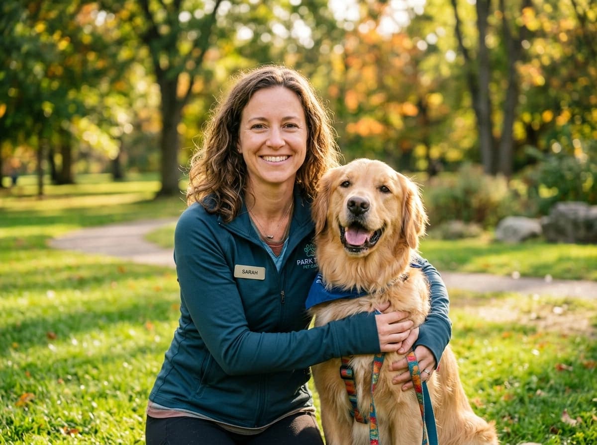 Professional friendly dog walker smiling with a golden retriever in a sunlit park
